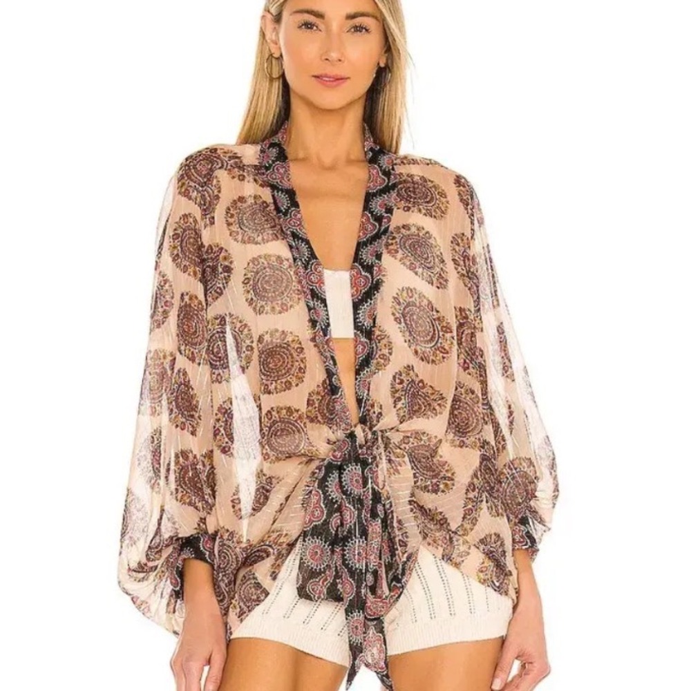 Free People Kantha Shimmer Tie Kimono Blush Paisley Metallic Wrap Top OSFM